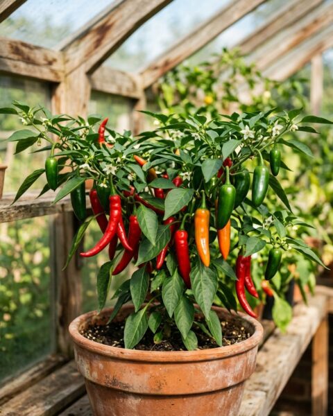 Chiliplanta av arten Capsicum annuum i lerkruka med röda, orange och gröna frukter