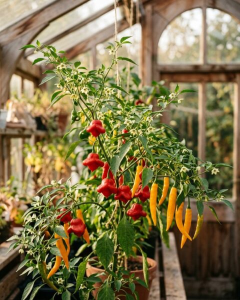 Capsicum baccatum i växthus med vita blommor och röda och gula frukter