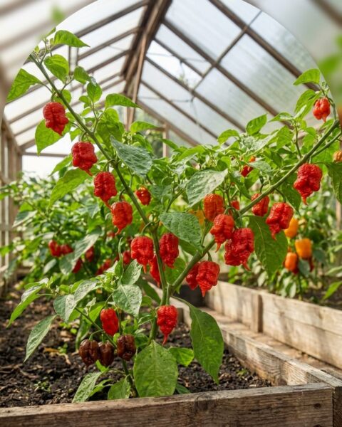 Capsicum chinense med röda skrynkliga frukter i en odlingsbädd i ett växthus