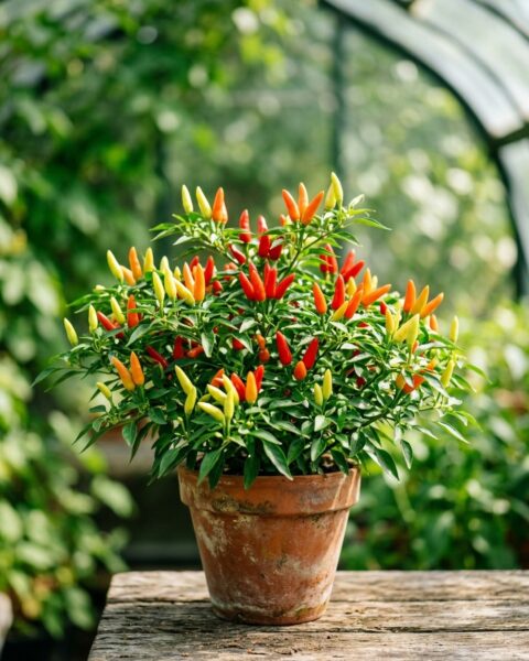 Capsicum frutescens i lerkruka med små upprättstående frukter i gult, orange och rött