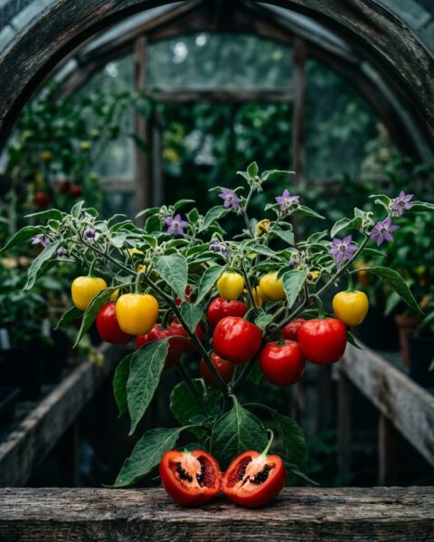 Capsicum pubescens med lila blommor och runda röda och gula frukter, och en delad frukt framför plantan
