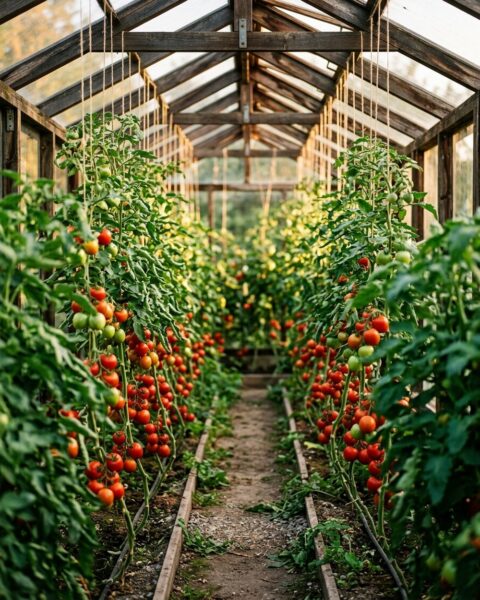 Rader av högväxande tomatplantor med mogna tomater i ett växthus