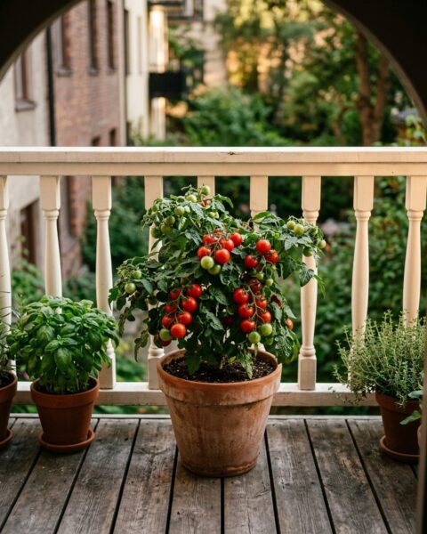 Liten tomatplanta i lerkruka på en balkong, full av röda tomater