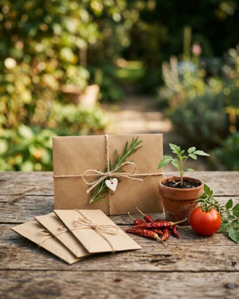 Kuvert i kraftpapper med snöre bredvid en liten planta, en tomat och torkad chili