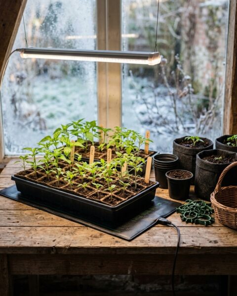 Småplantor i såbrätte under växtbelysning vid ett fönster